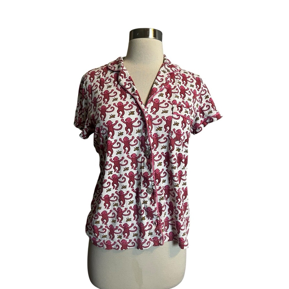 ROLLER RABIT Polo Pajama Top Small Pink Monkey Print Short Sleeve